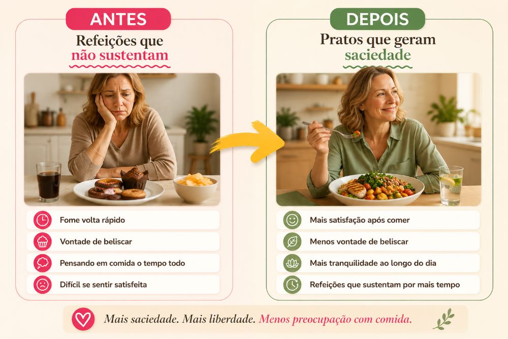 Antes: refeições que não sustentam. Depois: pratos que geram saciedade