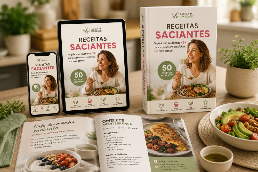 Mockup do guia Receitas Saciantes: app, tablet, livro impresso e páginas internas