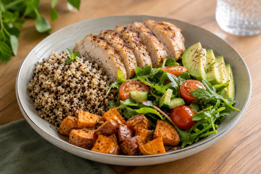 Prato saciante: frango grelhado, quinoa, batata-doce e salada